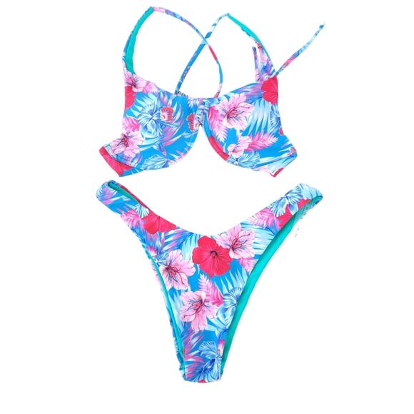 Shein Bikini Small Floral Bright Cheeky Brazilian Bottoms Bathing Suit 2 Piece - Picture 1 of 5